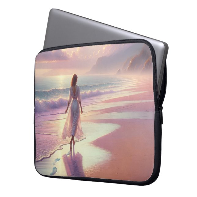 Pretty Woman Leaving Footprints On a Beach Laptop Sleeve (Front Left)