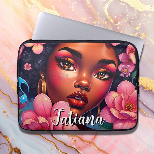 Pretty Woman of Colour Pink Flowers Personalised Laptop Sleeve (Creator Uploaded)
