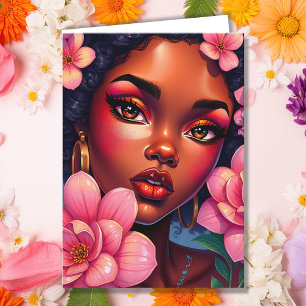 Pretty Woman of Colour with Flowers Birthday Card