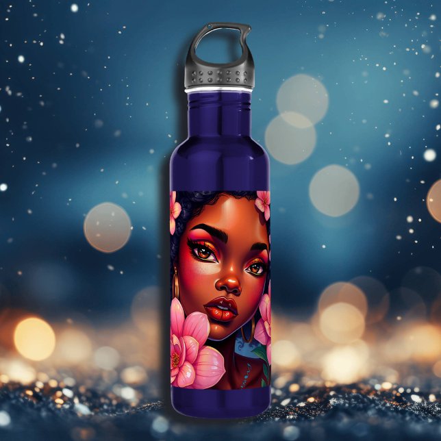 Pretty Woman of Colour with Pink Flowers  710 Ml Water Bottle (Creator Uploaded)