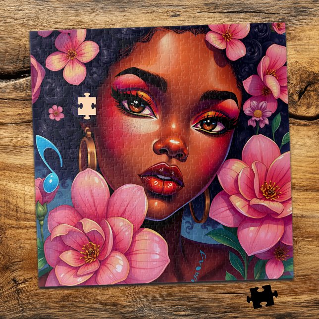 Pretty Woman of Colour with Pink Flowers  Jigsaw Puzzle (Creator Uploaded)