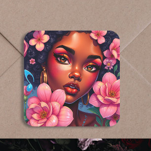 Pretty Woman of Colour with Pink Flowers  Square Sticker
