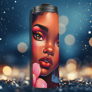 Pretty Woman of Colour with Pink Flowers  Thermal Tumbler