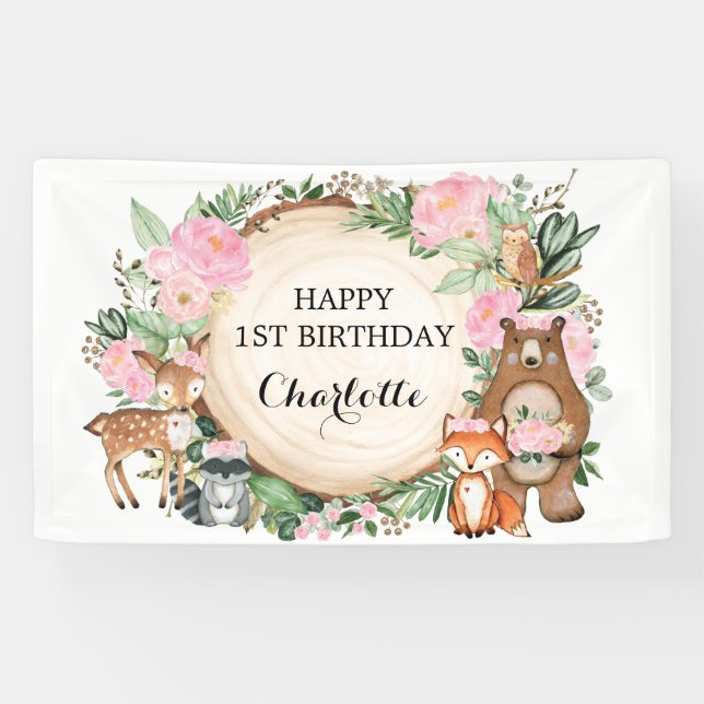 Pretty Woodland Forest Animals Girl Happy Birthday Banner (Horizontal)