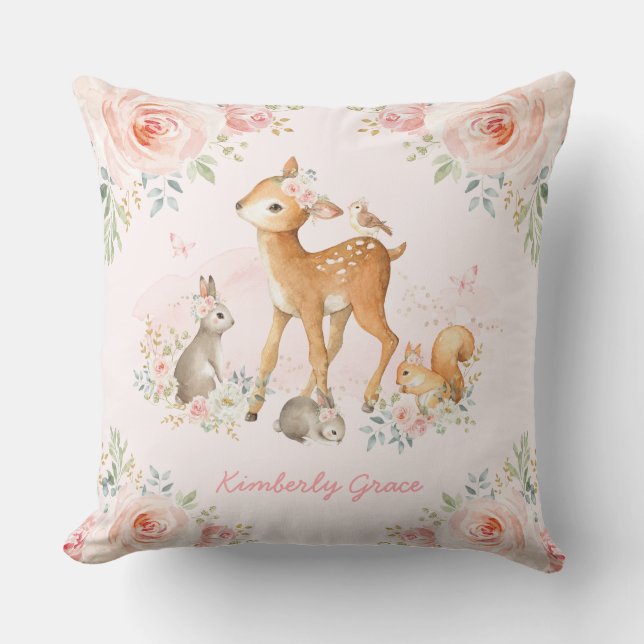 Pretty Woodland Forest Animals Pink Floral Nursery Cushion (Front)