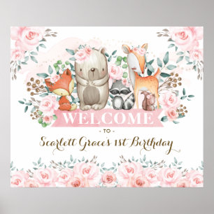 Pretty Woodland Pink Floral Girl Birthday Welcome Poster