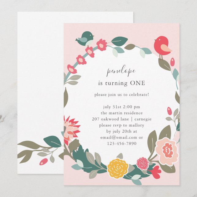 Pretty Wreath and Cute Birds Birthday Party Invitation (Front/Back)