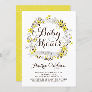 Pretty Yellow and Grey Floral Wreath Baby Shower Invitation