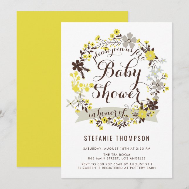 Pretty Yellow and Grey Floral Wreath Baby Shower Invitation (Front/Back)