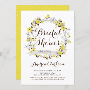 Pretty Yellow and Grey Floral Wreath Bridal Shower Invitation