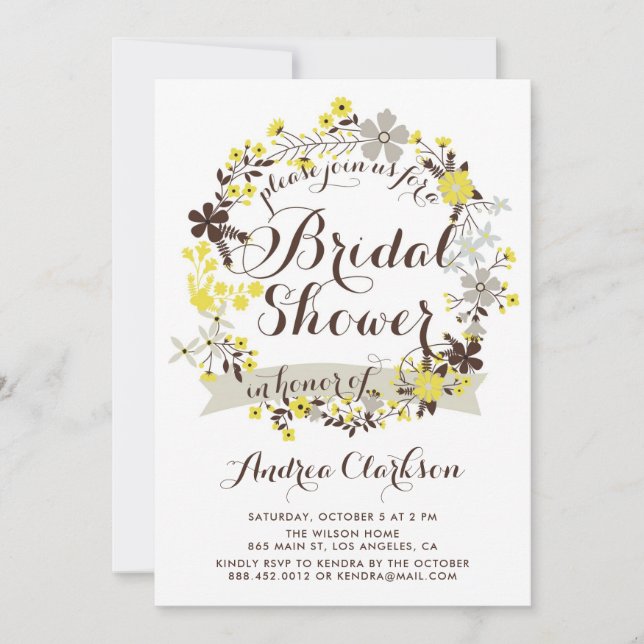 Pretty Yellow and Grey Floral Wreath Bridal Shower Invitation (Front)