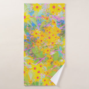 Pretty Yellow and Red Flowers with Turquoise Bath Towel