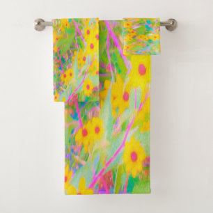 Pretty Yellow and Red Flowers with Turquoise Bath Towel Set