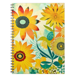 Pretty Yellow and Turquoise Folk Art Flowers Notebook