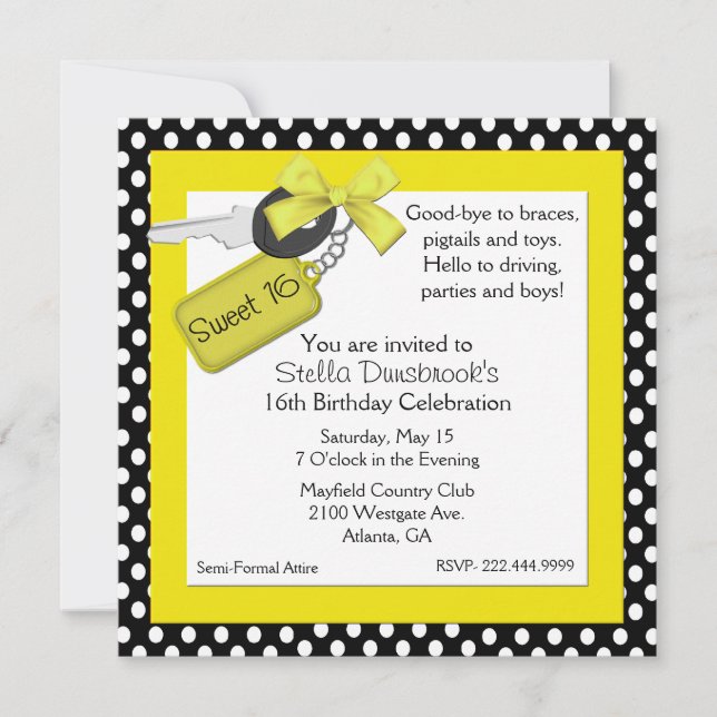 Pretty Yellow, Black and White Sweet 16 Invitation (Front)