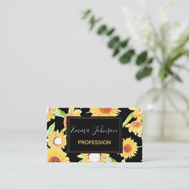 Pretty Yellow & Black Sunflowers Watercolor Paint Business Card (Standing Front)
