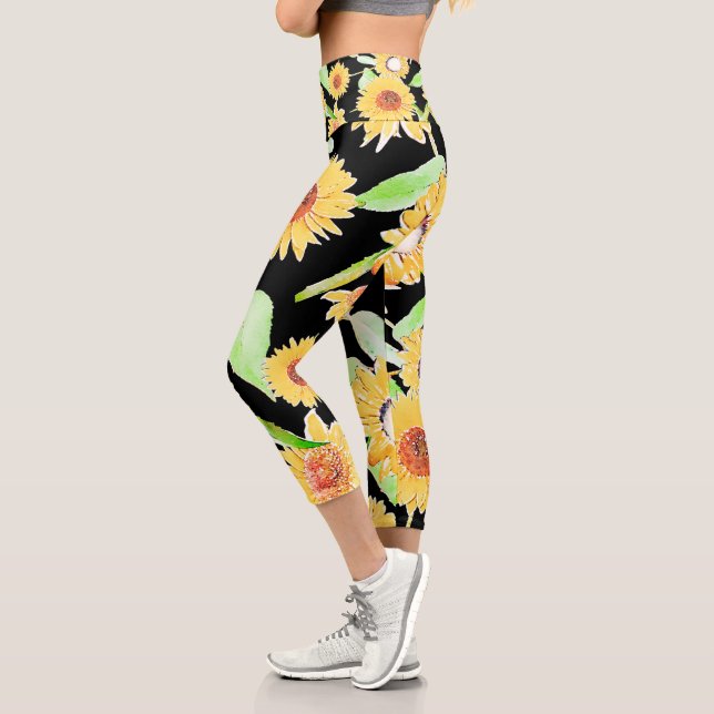 Pretty Yellow & Black Sunflowers Watercolor Paint Capri Leggings (Left)