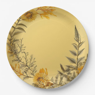 Pretty Yellow Dandelions Ferns Greenery Paper Plate