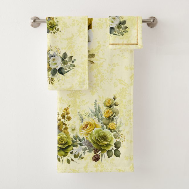 Pretty Yellow Floral Damask Towel Set (Insitu)