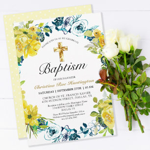Pretty Yellow Floral Gold Cross Baptism  Invitation