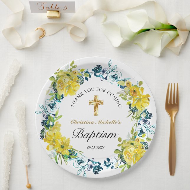 Pretty Yellow Floral Gold Cross Baptism Reception Paper Plate (Wedding)