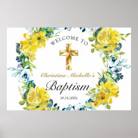 Pretty Yellow Floral Gold Cross Baptism Welcome