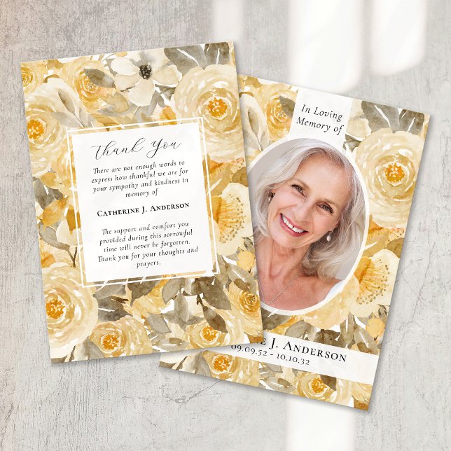Pretty Yellow Floral Photo Sympathy Funeral Thank You Card (Creator Uploaded)
