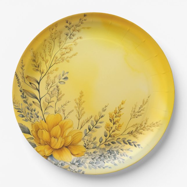 Pretty Yellow Flowers Ferns Greenery Paper Plate (Front)