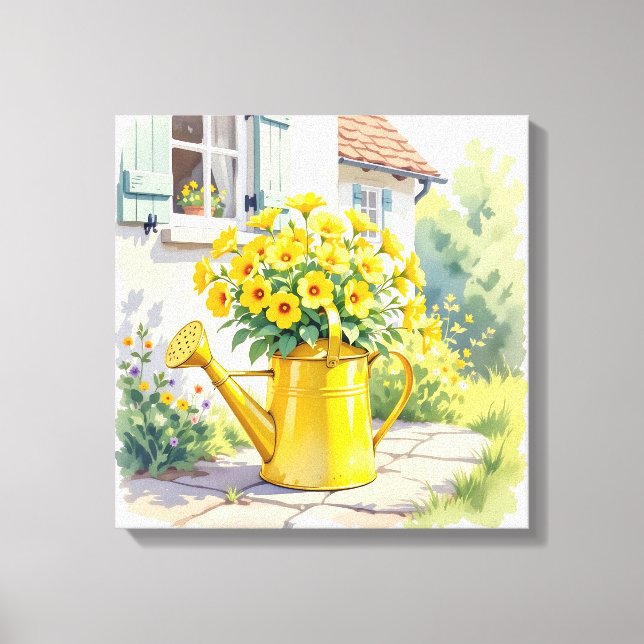 Pretty Yellow Flowers in Watering Can   Canvas Print (Front)