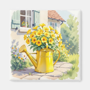 Pretty Yellow Flowers in Watering Can Magnet