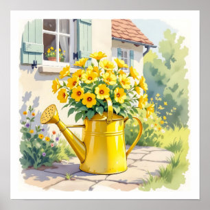 Pretty Yellow Flowers in Watering Can   Poster