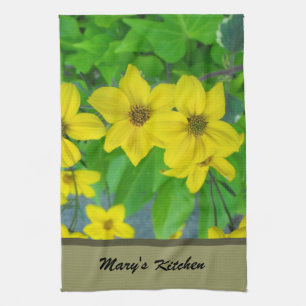 pretty yellow garden flowers, floral tea towel