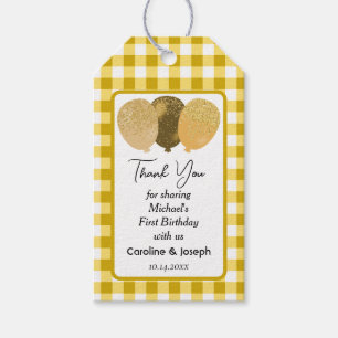 Pretty Yellow Gingham, 3 Glitter Balloons Birthday Gift Tags
