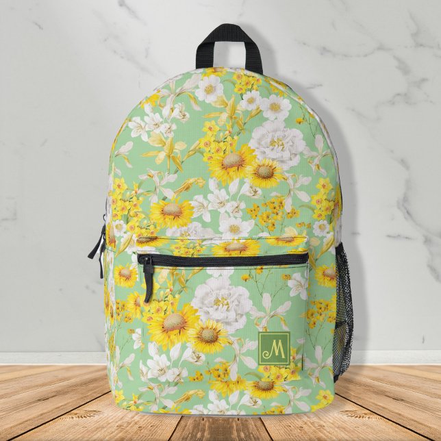 Pretty Yellow Green Floral Pattern Monogram Girl  Printed Backpack (Pretty yellow green stunning floral pattern monogram girly backpack, back to school, gift ideas)