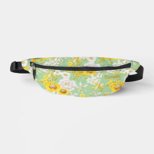 Pretty Yellow Green Floral Pattern Name Custom Bum Bags