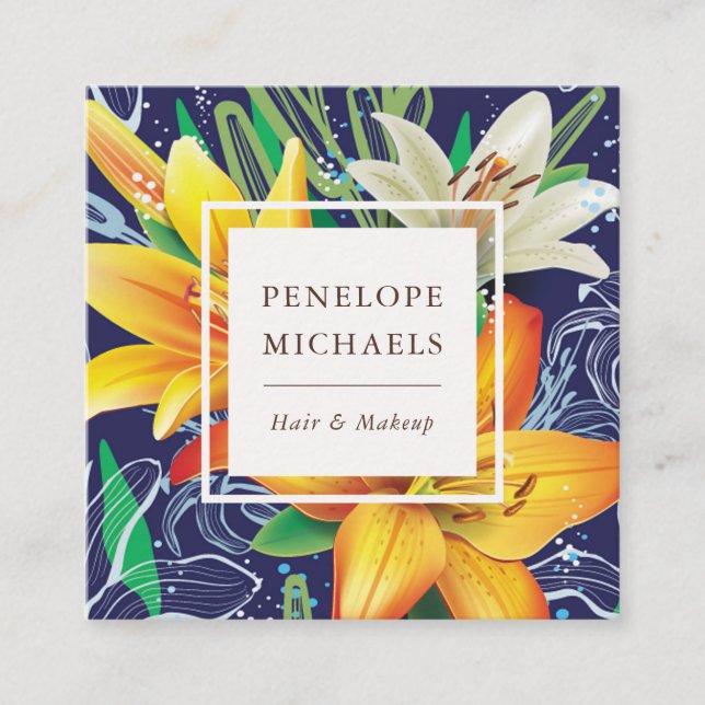 Pretty Yellow Lilies on Blue Square Business Card (Front)