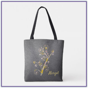 Pretty Yellow Pink and Grey Cherry Blossom Tote Ba Bag