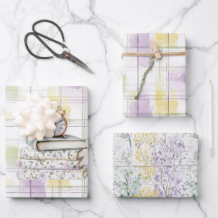 Pretty Yellow Purple Floral Books Clock Birthday Wrapping Paper Sheet