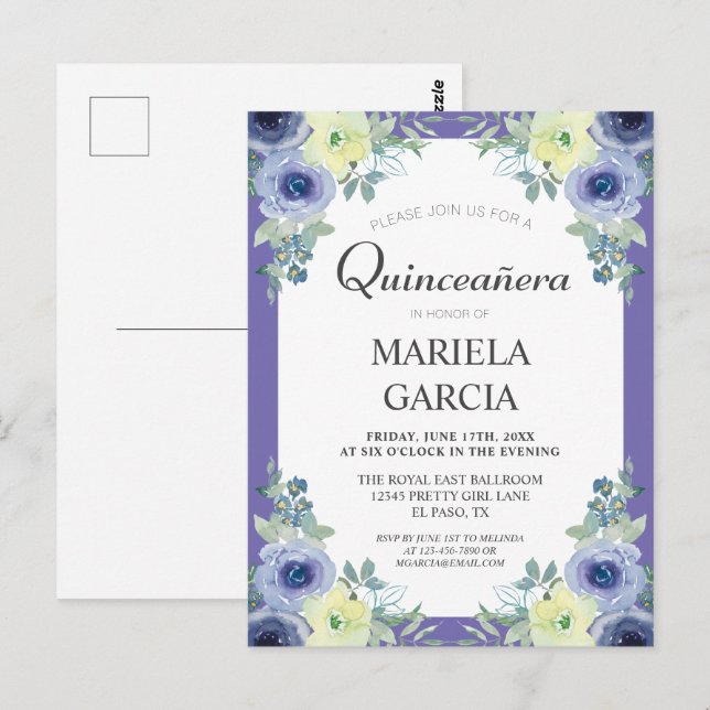 Pretty Yellow Purple Floral Quinceañera Birthday   Postcard (Front/Back)