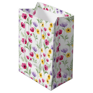 Pretty Yellow, Purple, Pink Floral Watercolor Medium Gift Bag