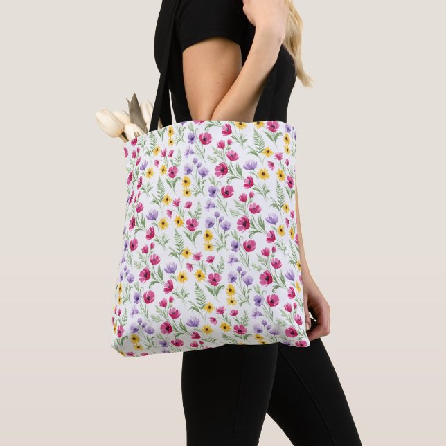 Pretty Yellow, Purple, Pink Floral Watercolor Tote Bag (Close Up)
