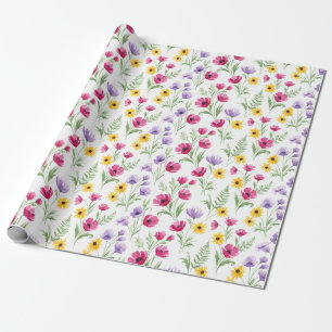 Pretty Yellow, Purple, Pink Floral Watercolor Wrapping Paper