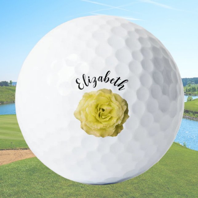 Pretty yellow rose flower custom name ladies golf balls (Creator Uploaded)