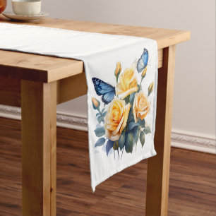PRETTY YELLOW ROSES AND BLUE BUTTERFLIES LONG TABLE RUNNER
