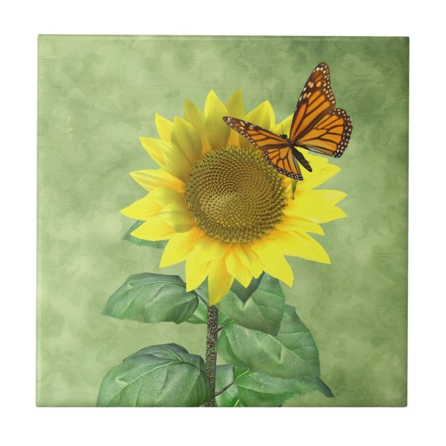 Pretty Yellow Sunflower and Orange Butterfly Tile (Front)