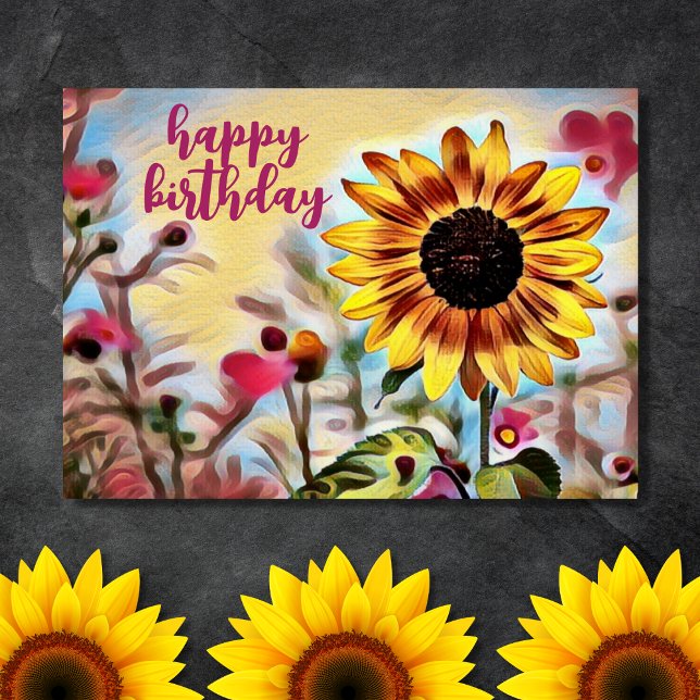Pretty Yellow Sunflower and Pink Flowers Birthday Card (Front - Pretty Yellow Sunflower and Pink Flowers Birthday Card)