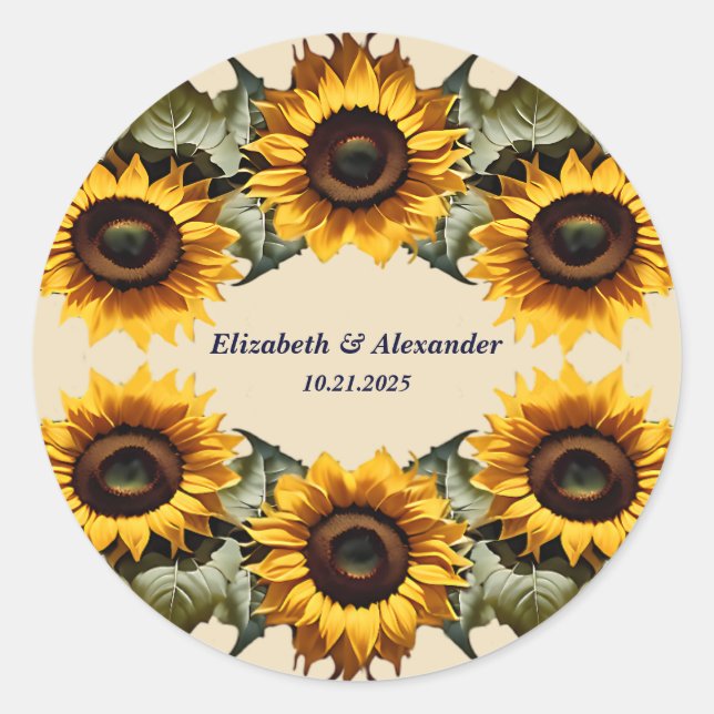 Pretty yellow sunflower elegant wedding  classic round sticker (Front)