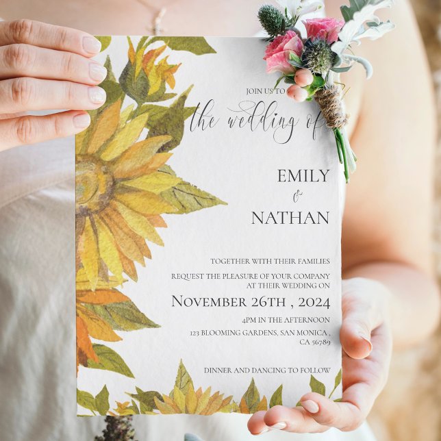 Pretty Yellow Sunflower Floral Wedding Invitation Postcard (Pretty Yellow Sunflower Floral Wedding Invitation Postcard)
