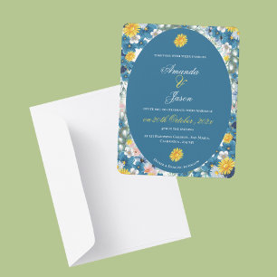 Pretty Yellow Sunflower White Blue Floral Wedding Invitation