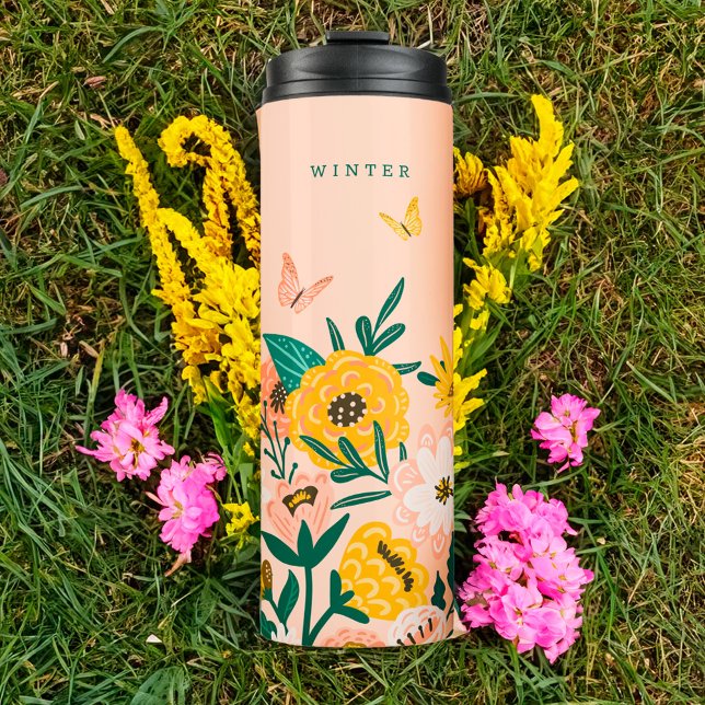 Pretty Yellow Sunflower Wildflowers & Butterflies Thermal Tumbler (Pretty Yellow Sunflower Wildflowers & Butterflies Thermal Tumbler)